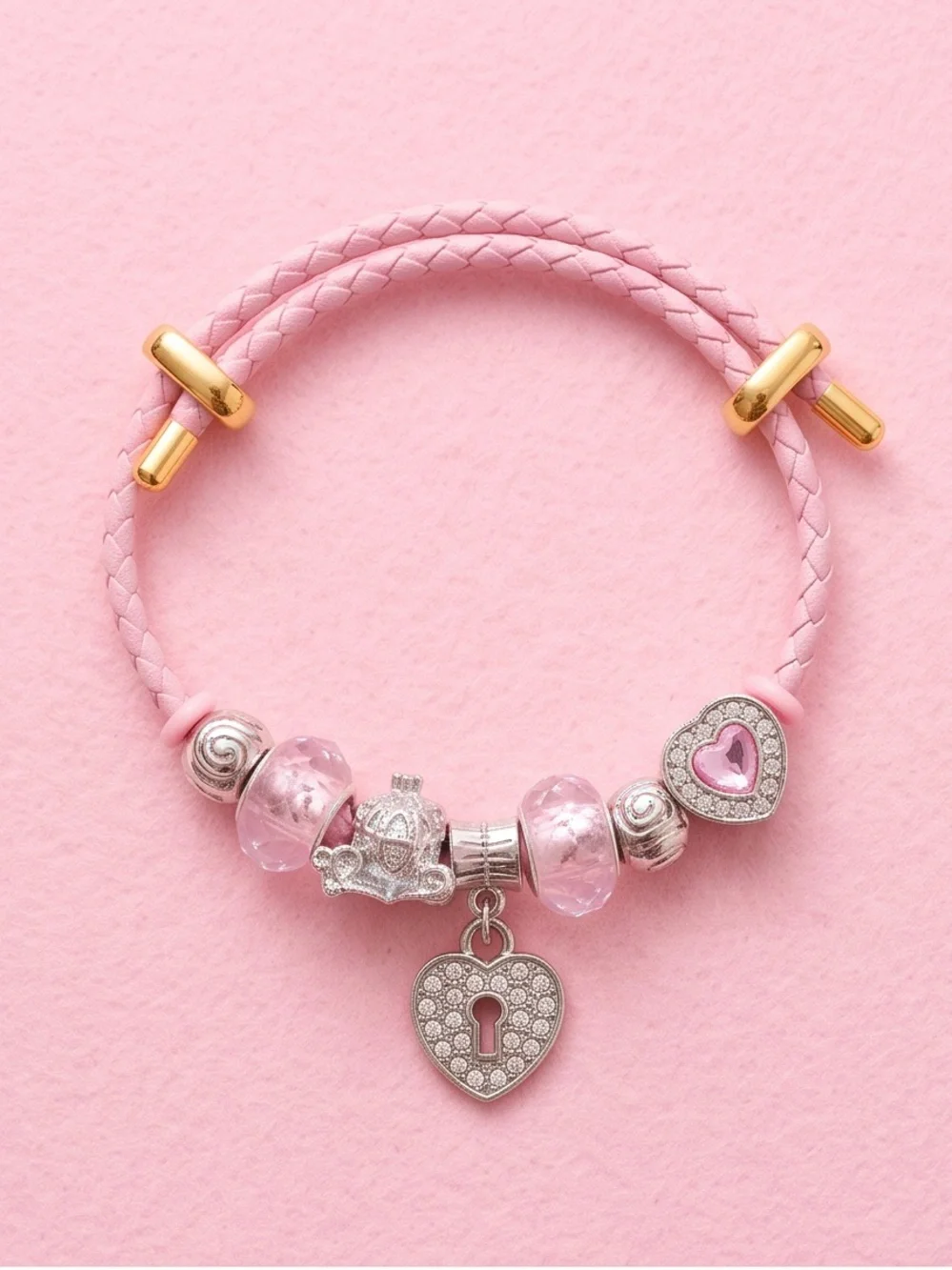 Kids & Tweens Princess Carriage Charm Bracelet – Pink Braided Leather (6”-8”)